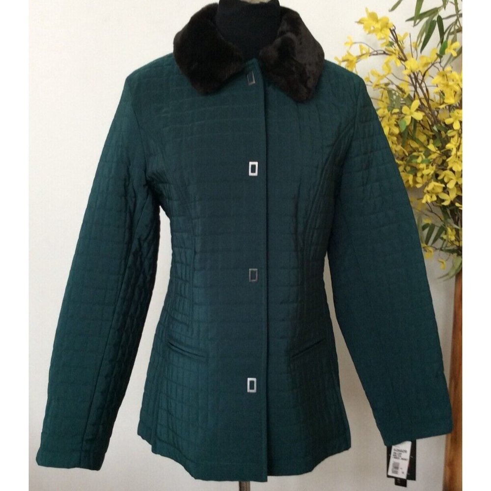 NWT Gallery Women's Teal Quilted Faux Fur Collar Winter Jacket Size M, $180‎